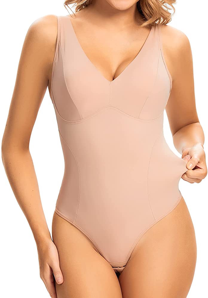 Breathable Bodysuit for Breastfeeding Mother Tummy Control Thigh Slimmer  Shapewear Deep V Full Body Shaper Seamless (Color : Beige, Size : Medium)